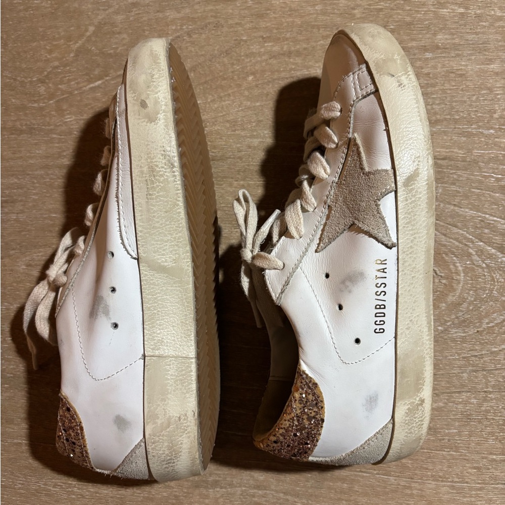 Golden Goose White and Brown Super Star Sneakers